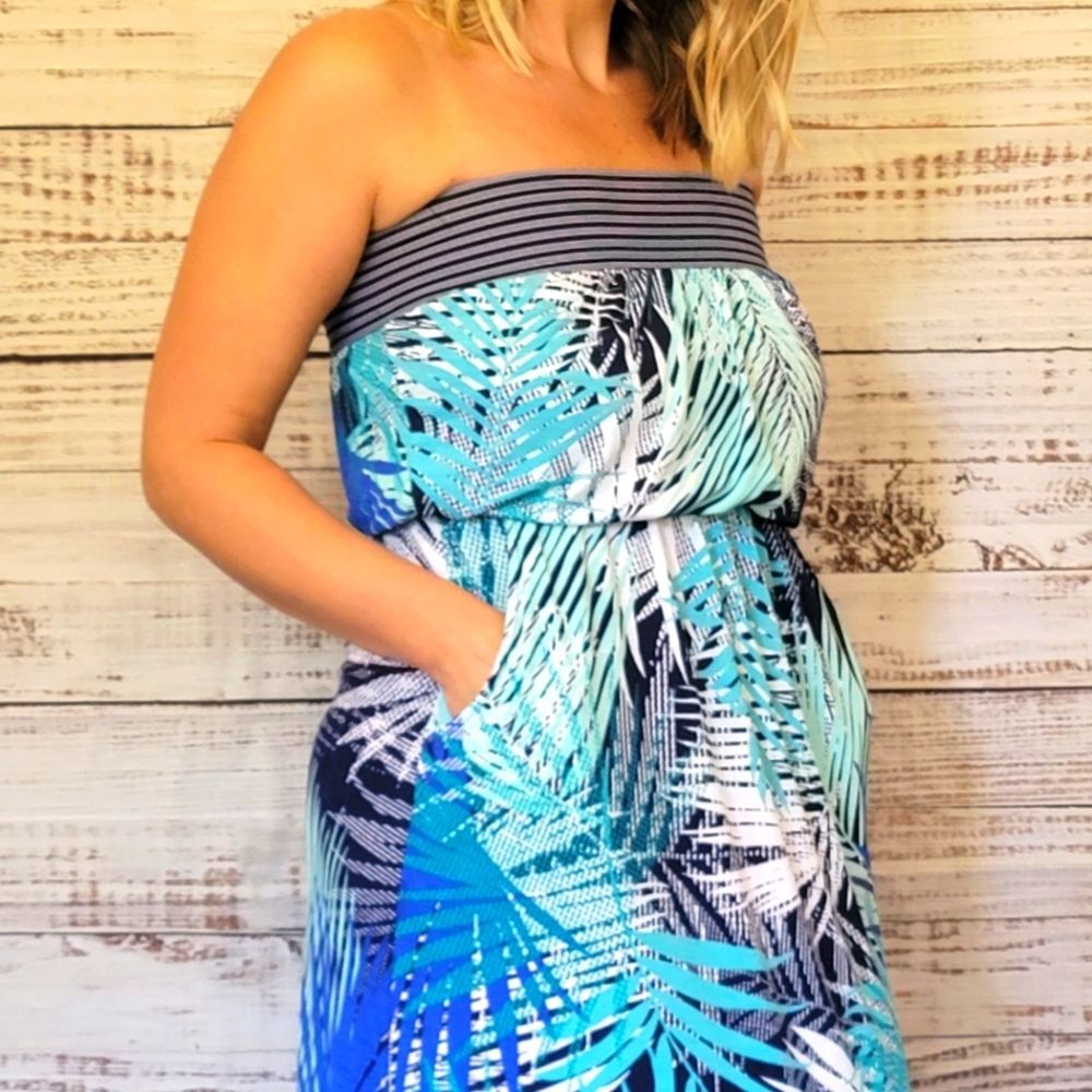 Tropical Blue Strapless Maxi Dress